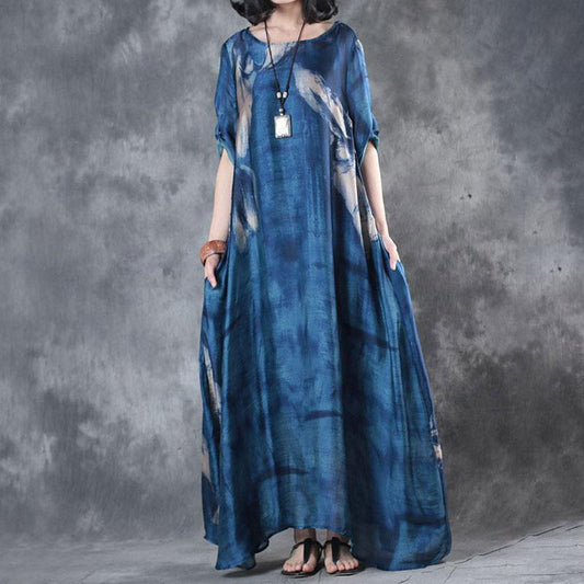 Retro Three Quarter Sleeve Printed Blue Long Dress