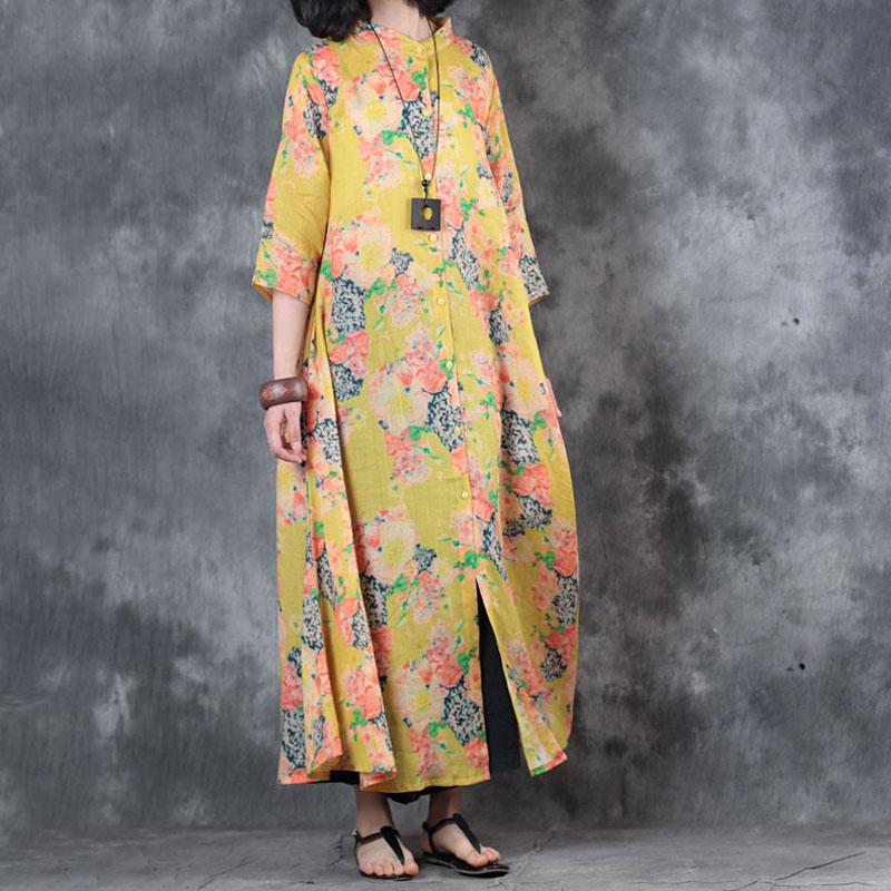 Stand Collar Printed Ramie Single Breasted Women Dress