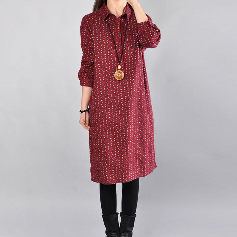 Casual Women Printed Cotton Polyester Dark Red Dress