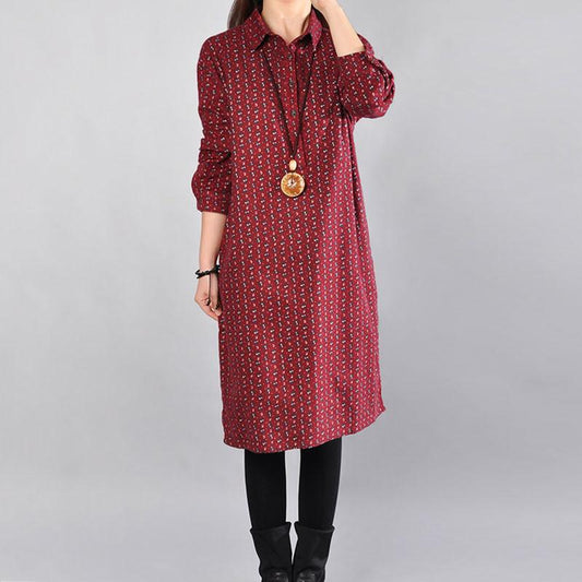 Casual Women Printed Cotton Polyester Dark Red Dress