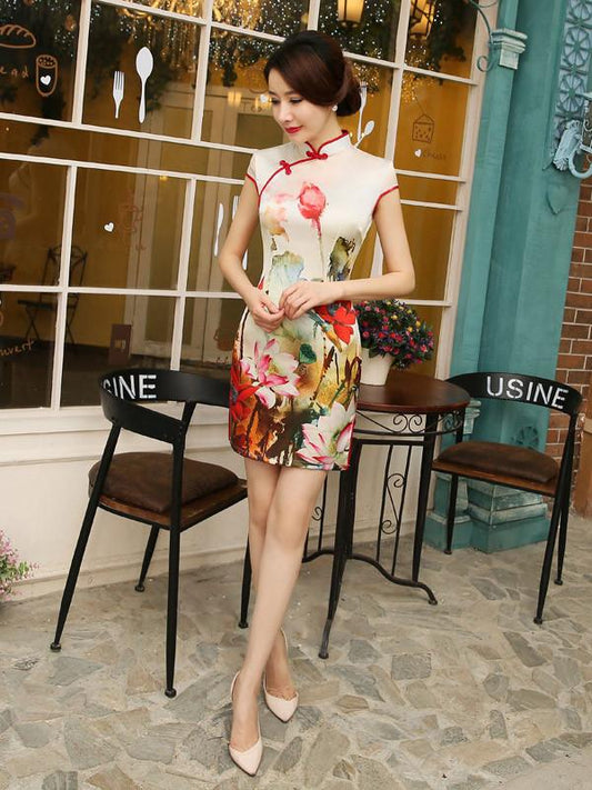 Cap Sleeve Turtle Neck Short Cheongsam Dress