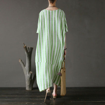Retro Loose Round Neck Short Sleeve Green Stripe Dress