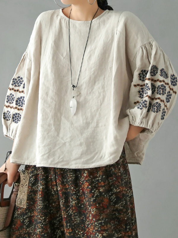 VINTAGE LOOSE NINE-POINT SLEEVE ROUND NECK EMBROIDERED T-SHIRT
