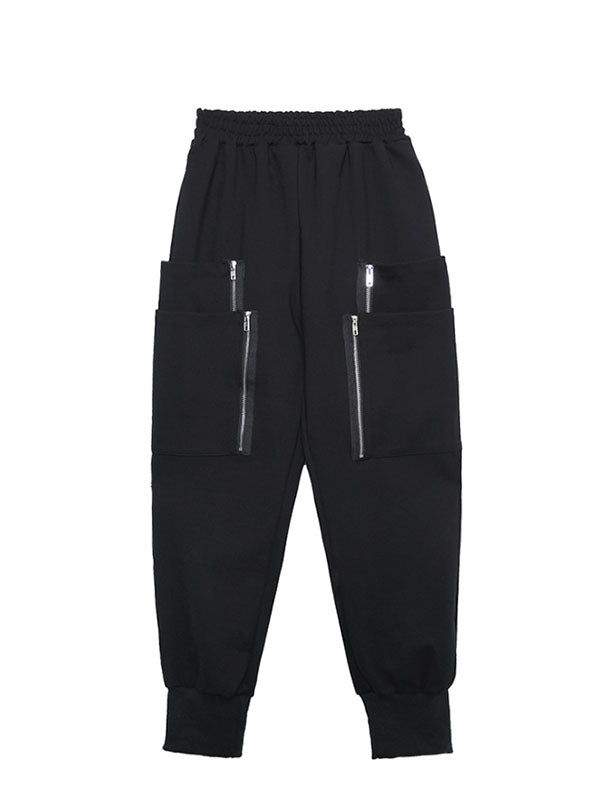 Loose Solid Pocket Zipper Overall Pants