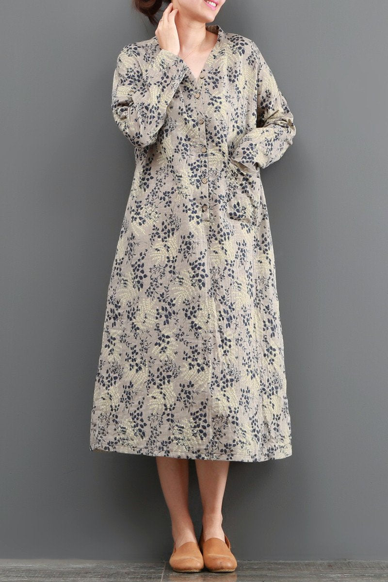 Women Casual Loose Long Sleeve Floral Printed Dress