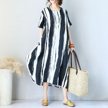 Cotton Linen Short Sleeves Black Dress