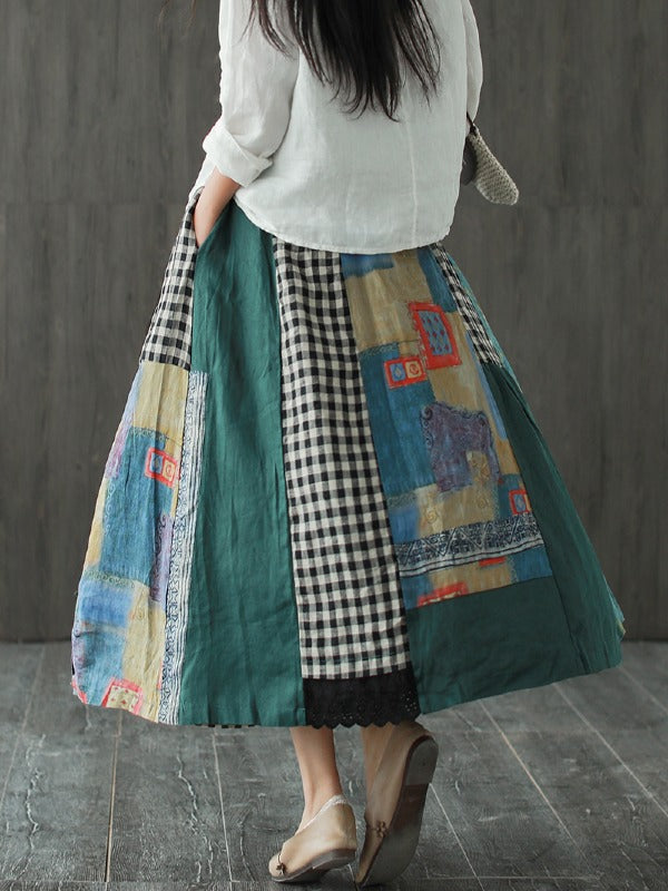 VINTAGE LOOSE CONTRAST COLOR SPLICING A-LINE SKIRT