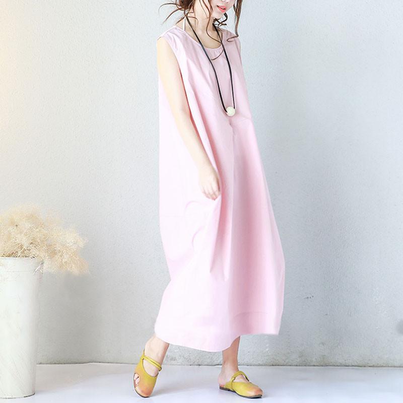 Women Summer Round Neck Cotton Loose Literature Sleeveless Pink Dress