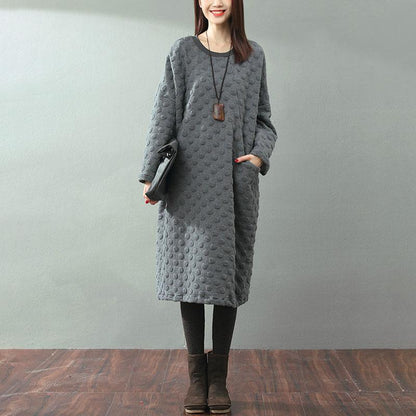 Jacquard Round Neck Hedging Long Sleeves Literature Gray Women Dress