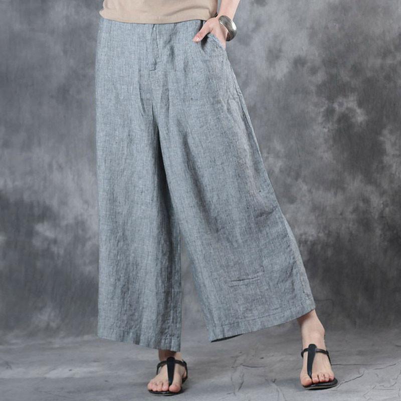 Casual Zipper Pockets Light Gray Stripe Women Wide Leg Pants