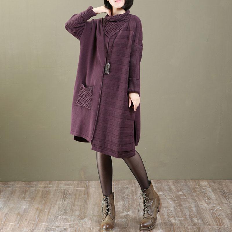 Women Fall Winter Long Sleeve Irregular Purple Sweater Dress