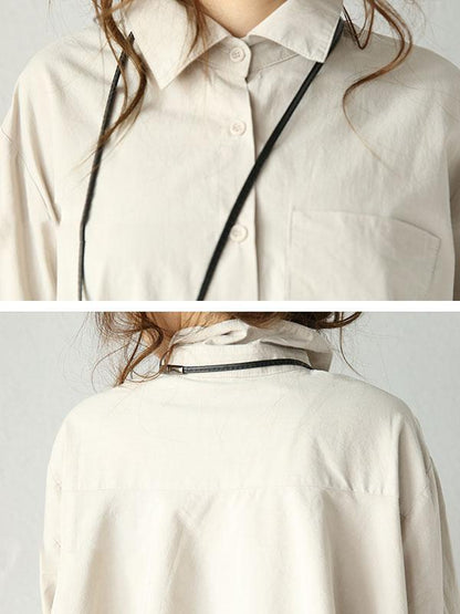 Cotton Loose Single Breasted Polo Collar Patchwork Double Layer Khaki Shirt
