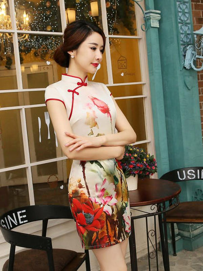 Cap Sleeve Turtle Neck Short Cheongsam Dress
