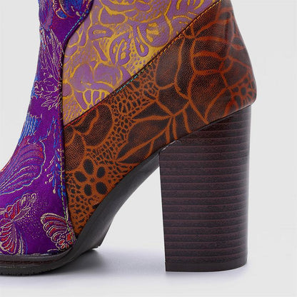 Retro Vintage Printed Leather Block High Heels Ankle Boots