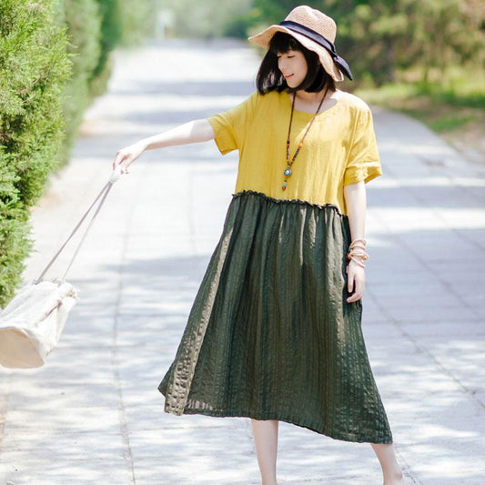 Summer Women Round Neck Short Sleeve Cotton Linen Pleated Dress