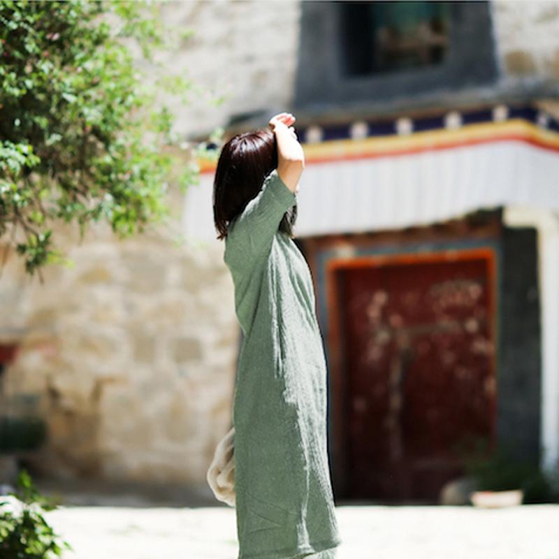 Round Neck Half Sleeve Women Summer Loose Green Pleated Dress