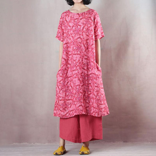 Short Sleeve Red Linen Casual Pockets Women Dress