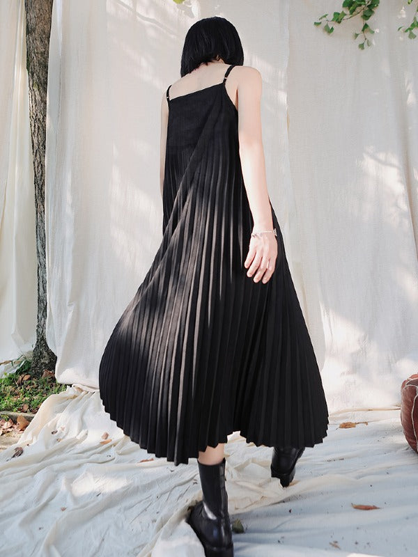 VINTAGE LOOSE SLEEVELESS PLEATED V-NECK DRESS