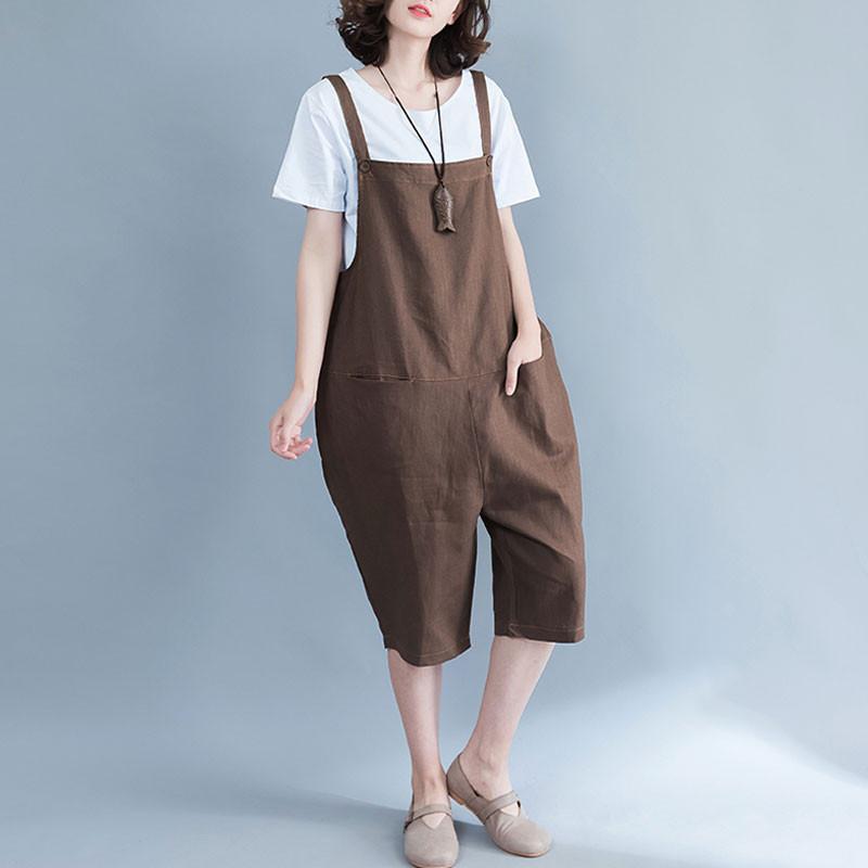 Women Linen Loose Casual Summer Plain Coffee Jumpsuit Pants