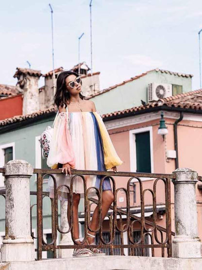 Striped Off-the-shoulder Puff Sleeves Mini Dress
