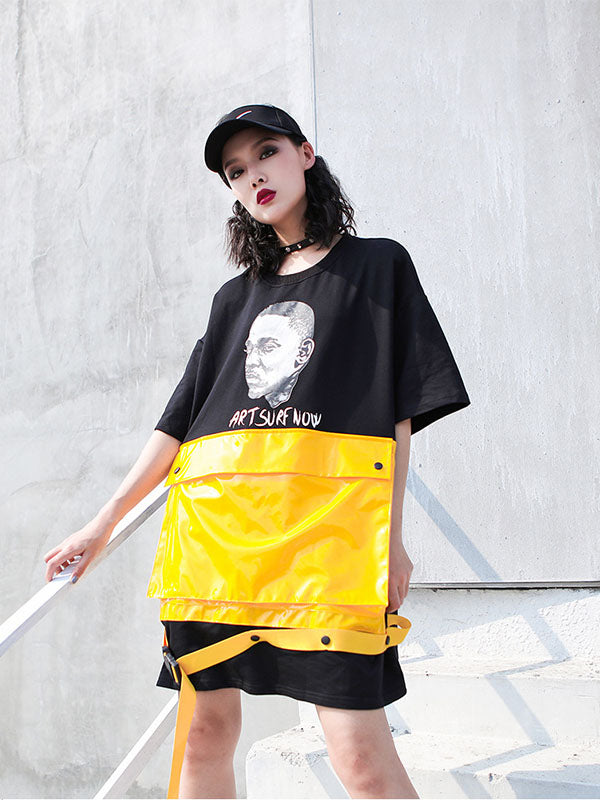 LOOSE SPLIT-JOINT COLOR-BLOCK POCKET T-SHIRT