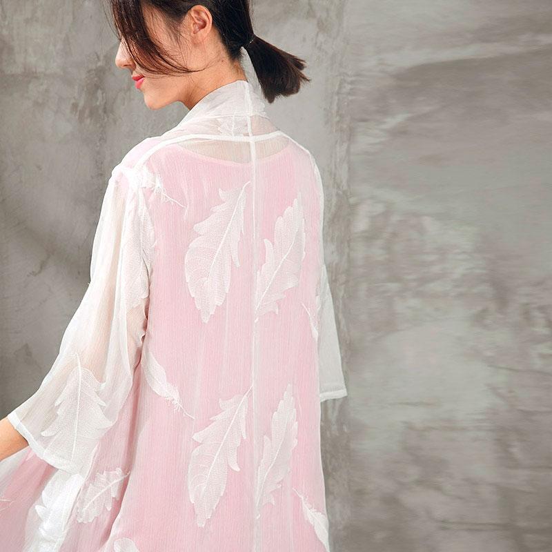 Women Feather Embroidery White Cardigan Thin Coat