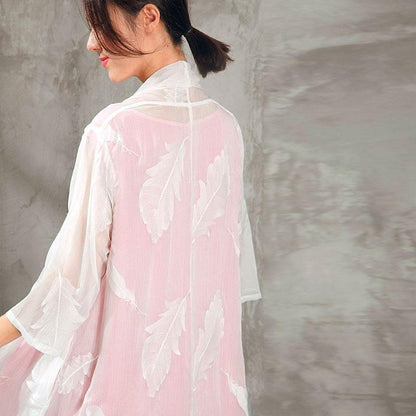 Women Feather Embroidery White Cardigan Thin Coat