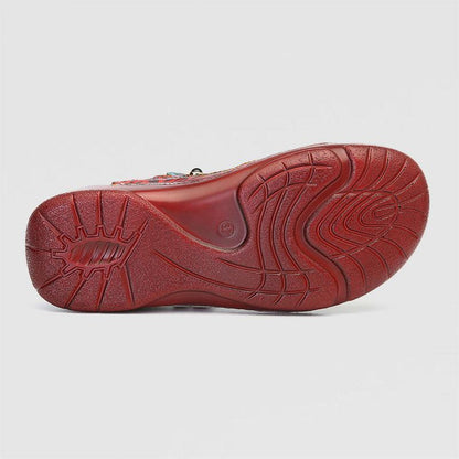 Retro Flower Pattern Handmade Leather Flat Round Head Comfortable Casual Sandals