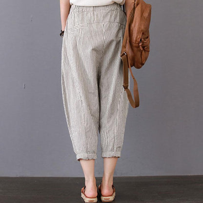 Summer Women Casual Stripe Long Beige Pants