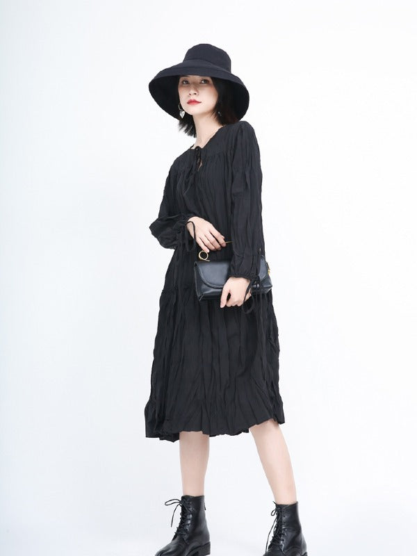 Loose Solid Pleated Lace Up Dress