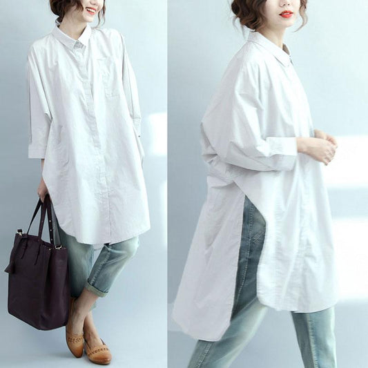 Irregular Literature Polo Collar Long Sleeves Cotton White Women Dress