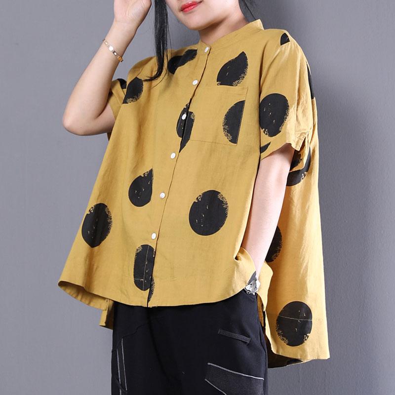 Stand Collar Short Sleeve Loose Cotton Yellow Shirt
