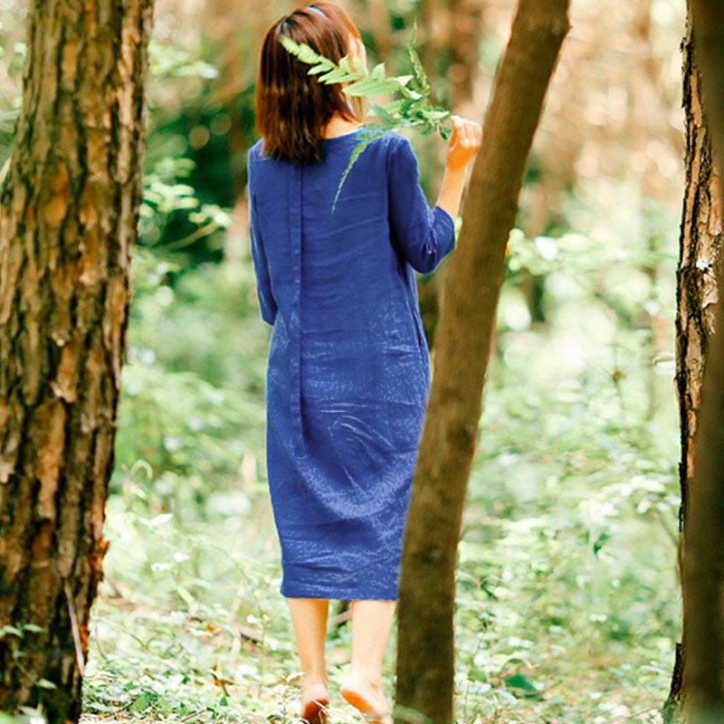 Loose Casual Women Round Neck Three Quarter Sleeve Blue Dress