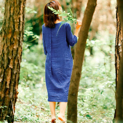 Loose Casual Women Round Neck Three Quarter Sleeve Blue Dress