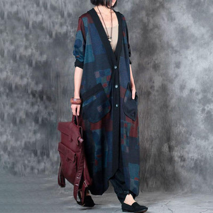 V Neck Single Breasted Retrpo Printing Long Sleeves Dark Blue Women Dress
