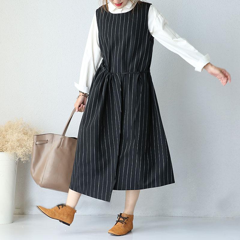 Round Neck Sleeveless Women Stripe Lacing Dress
