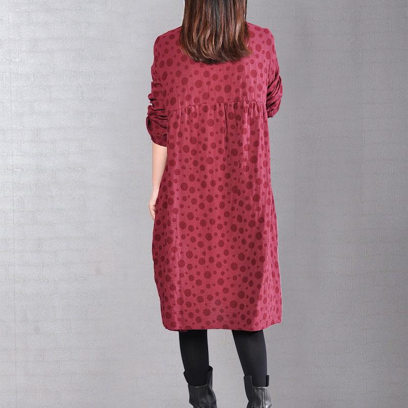 Soft Cotton Long Sleeves Red Dot Autumn Winter Women Dress