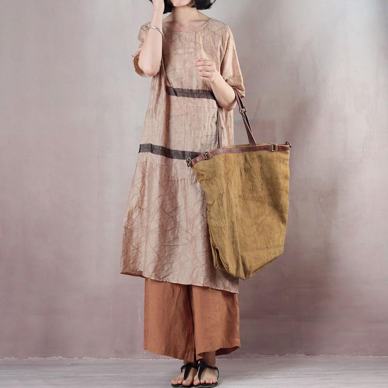 Casual Loose Short Sleeve Round Neck Beige Dress