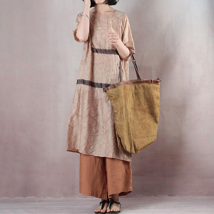 Casual Loose Short Sleeve Round Neck Beige Dress