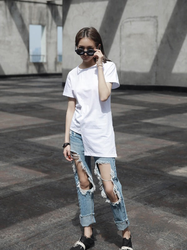 FASHION SIMPLE SOLID IRREGULAR T-SHIRT