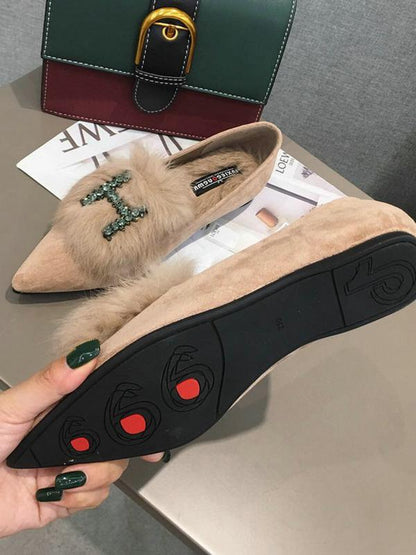 Rhinestone H Letter Artificial Fur Pointed Shoes