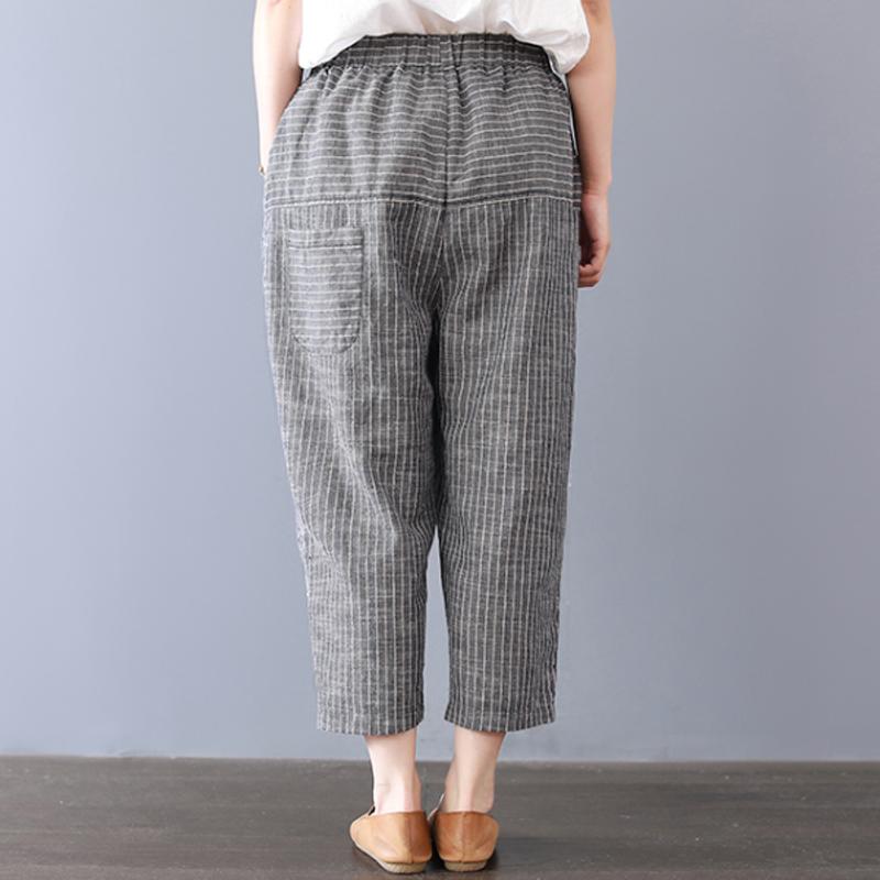 Stripe Pockets Cotton Women Pants