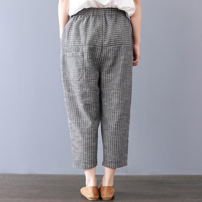 Stripe Pockets Cotton Women Pants