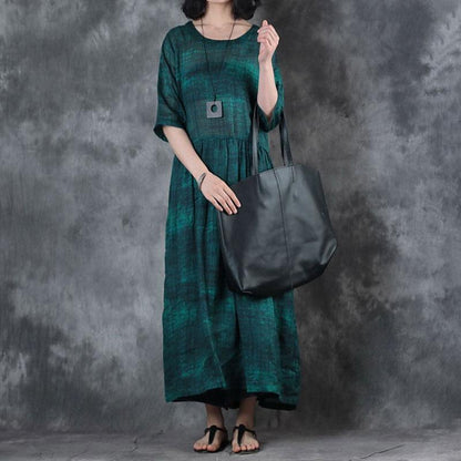 Women Ramie 1/2 Sleeve Printed Pleated Dark Green Dress