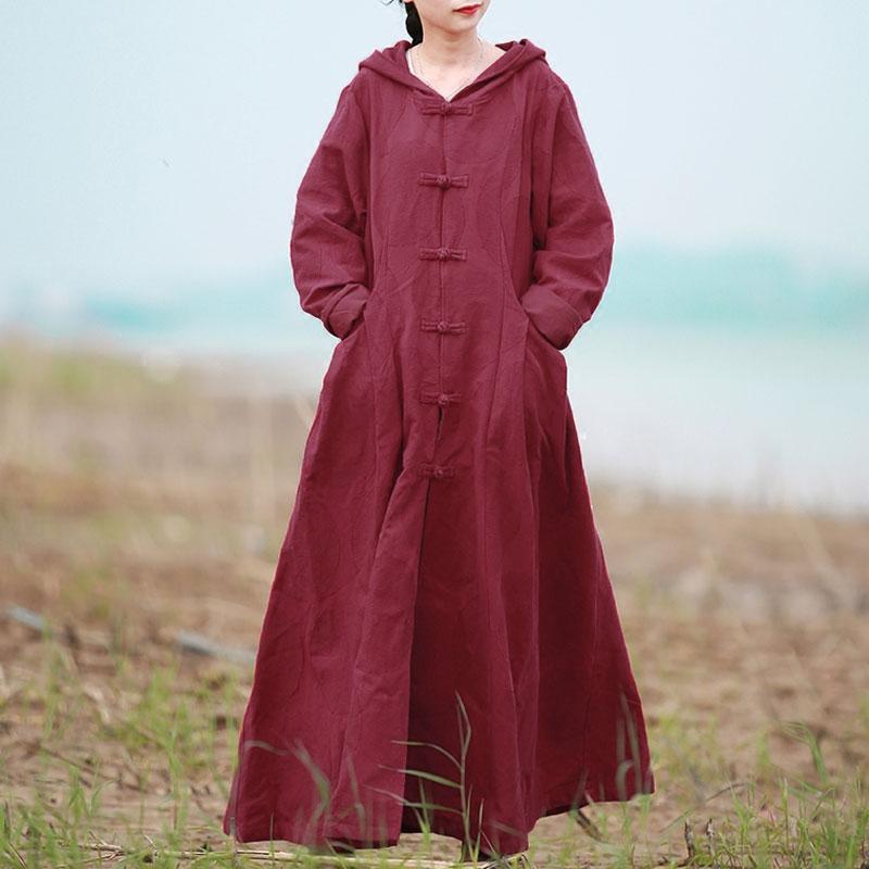 Retro Ethnic Frogs Long Sleeves Wine Red Autumn Winter Women Hoody Coat