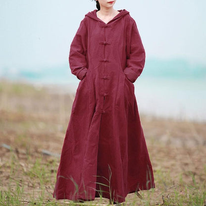 Retro Ethnic Frogs Long Sleeves Wine Red Autumn Winter Women Hoody Coat
