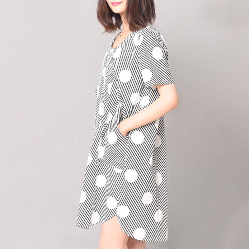 Round Neck Double Pocket Dot Women Black Stripe Dress