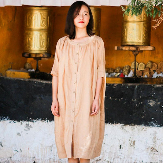 Round Neck Half Sleeve Women Single Breasted Ramie Shirt Dress