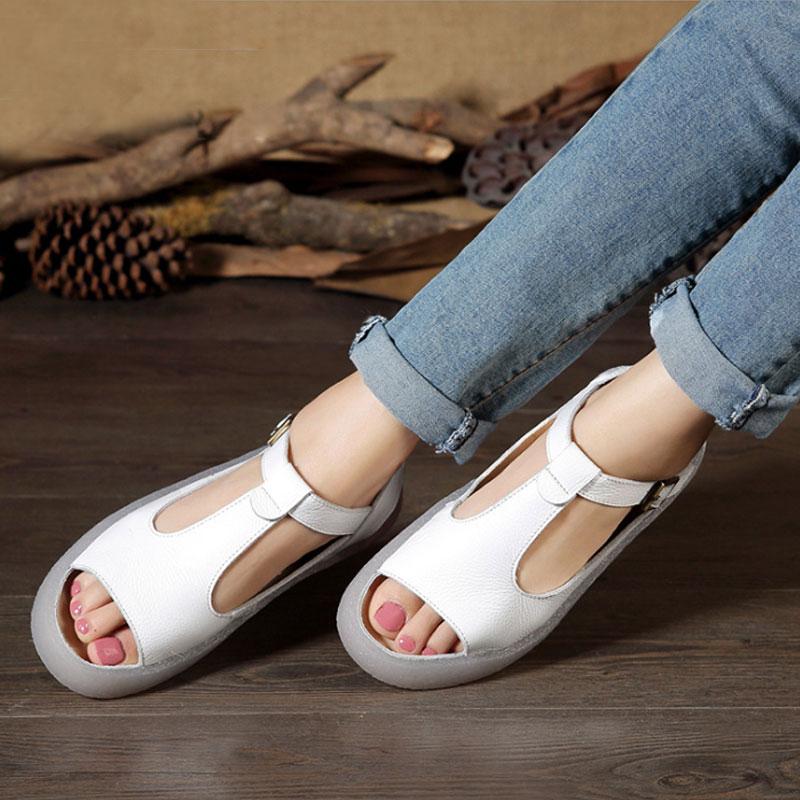 Summer Flat Heel Cow Leather Shoes Portable White Sandals