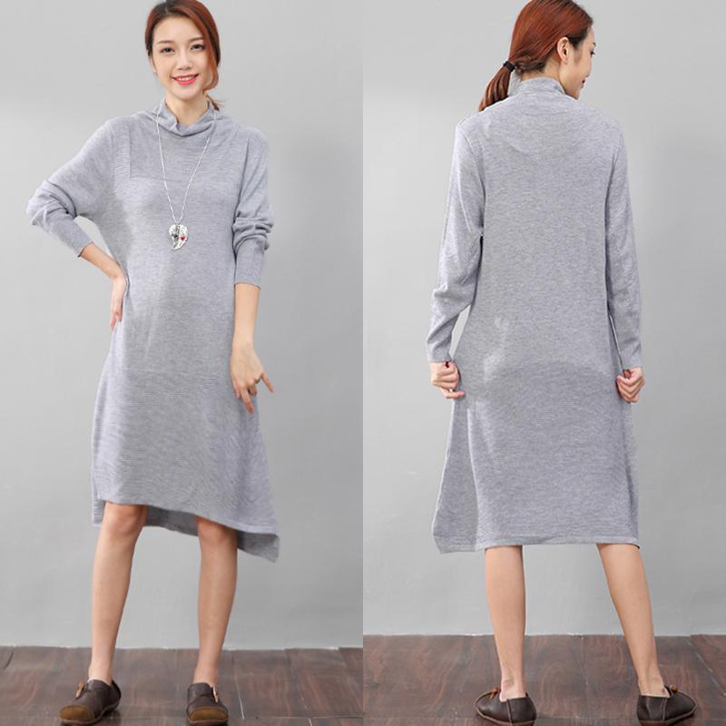 Women Casual Long Sleeve Irregular Hem Slim Gray Dress